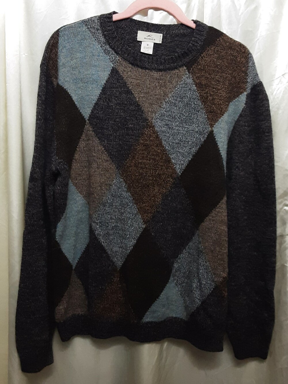 Women’s Argyle Crewneck Sweater in Blue and Brown by RODES